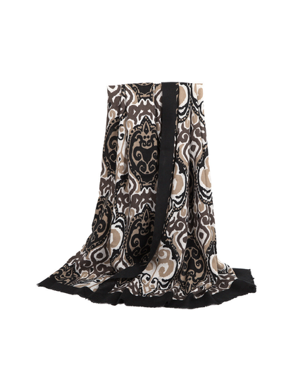 Black and taupe ornamental scarf with a black border and short fringe