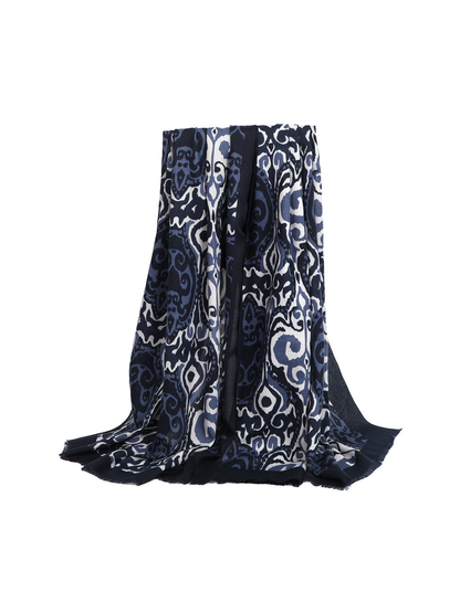 Navy ornamental scarf with a dark border and short fringe