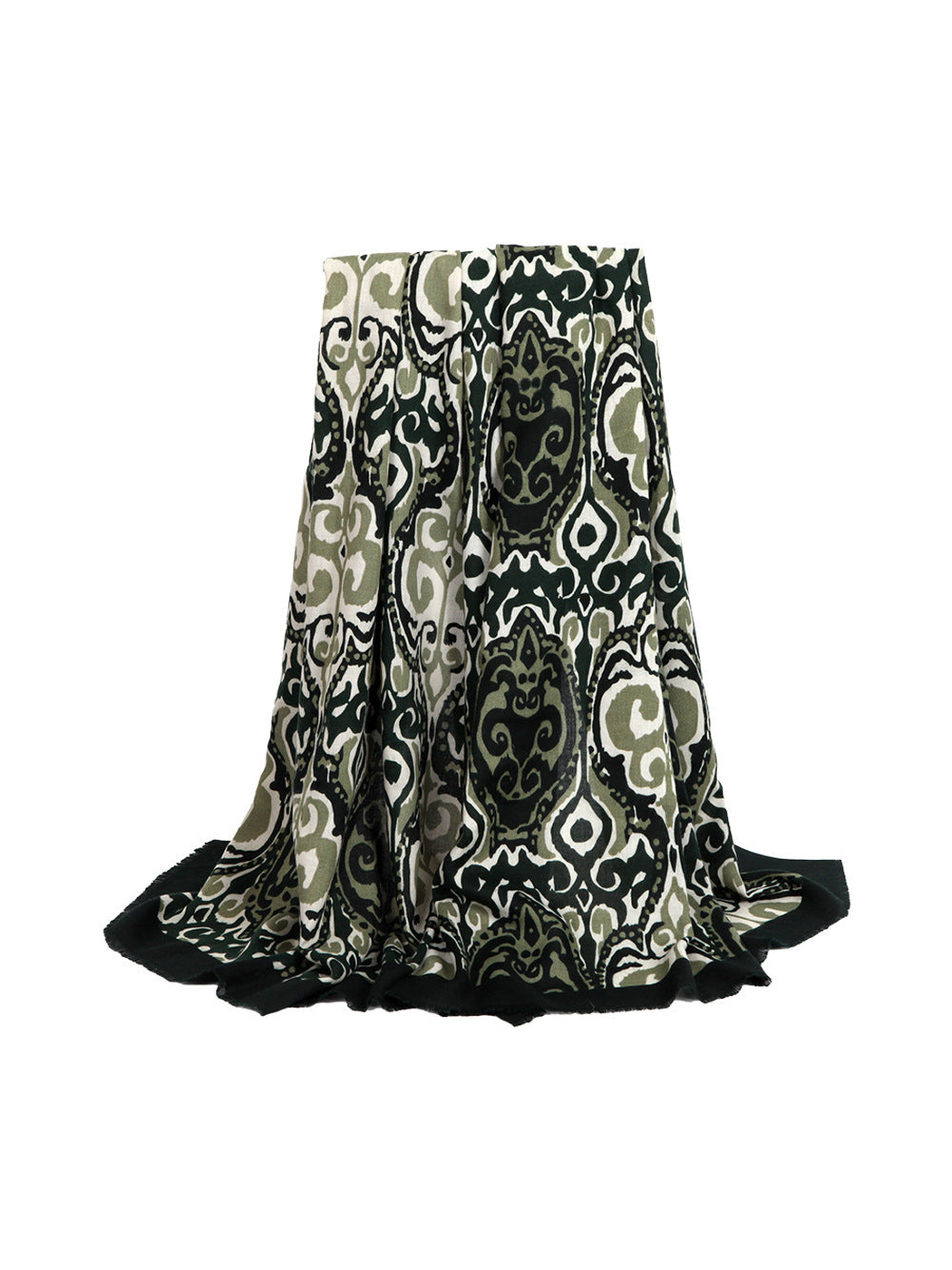 Dark green ornamental scarf with a black border and short fringe