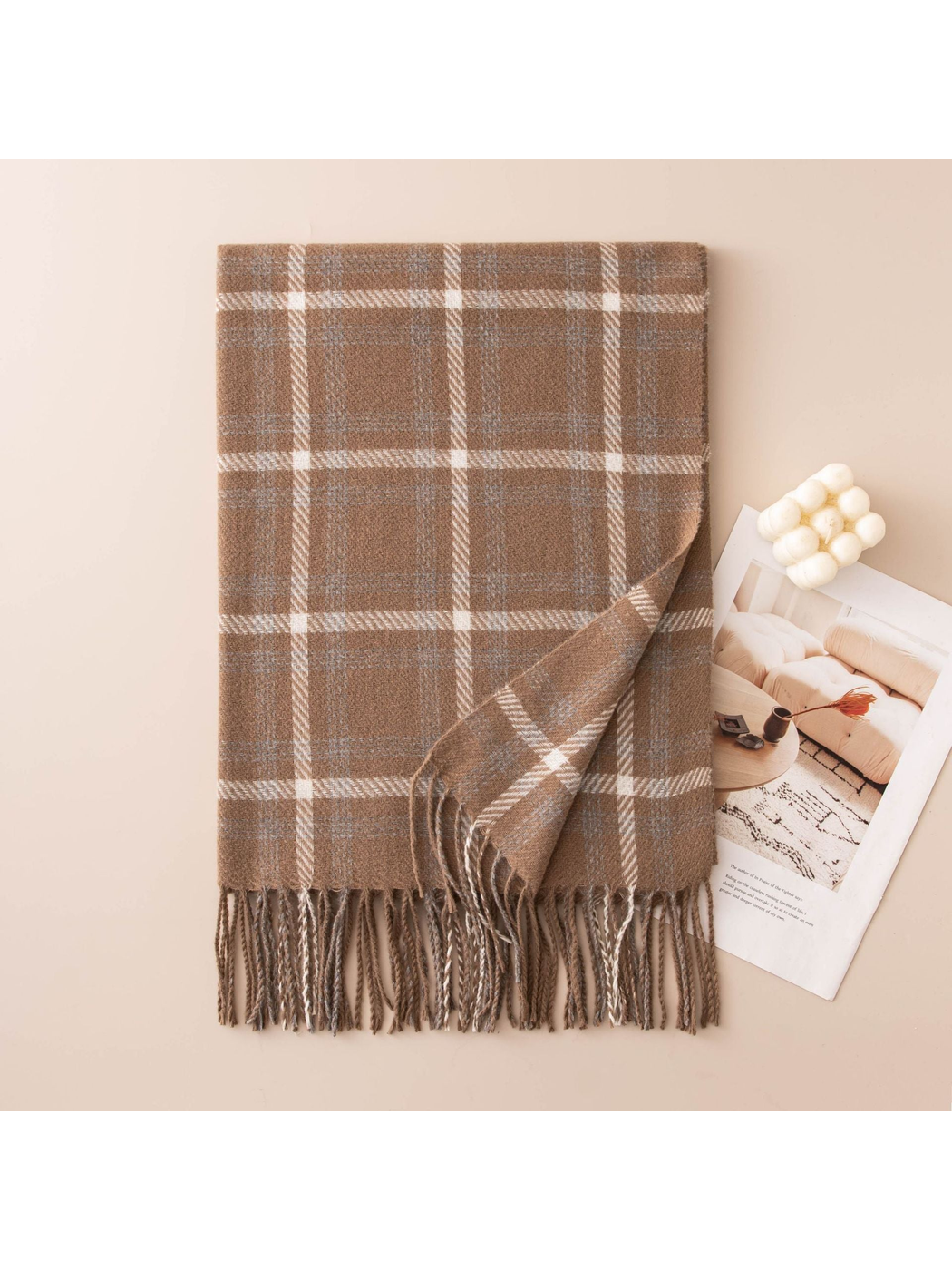 Mocha plaid rectangular scarf with fringe