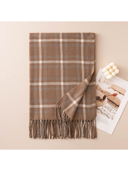 Mocha plaid rectangular scarf with fringe