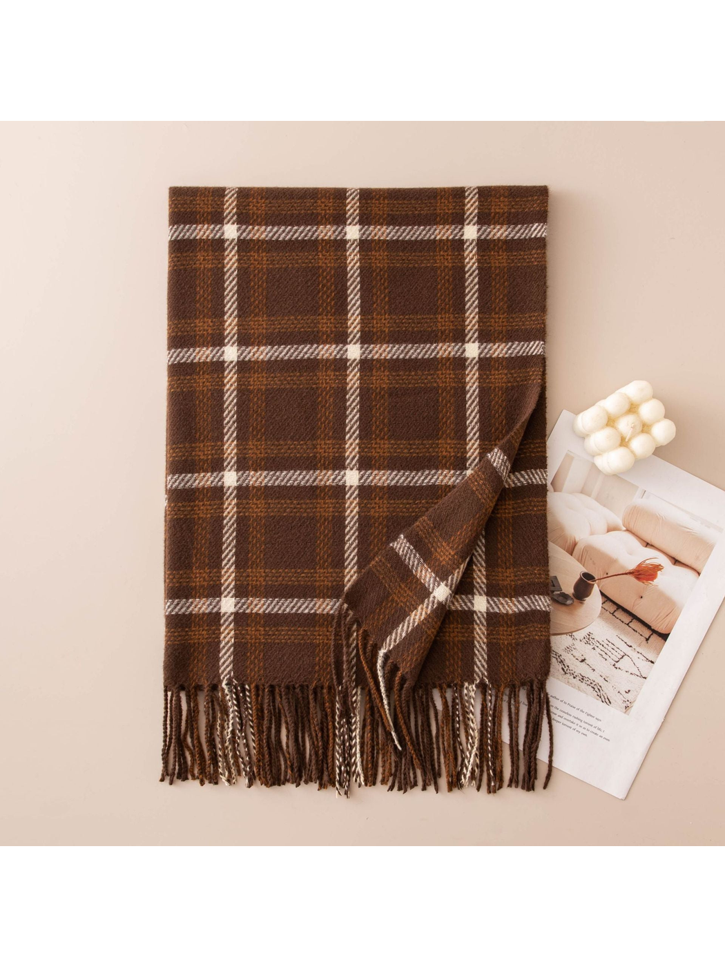 Brown plaid rectangular scarf with fringe