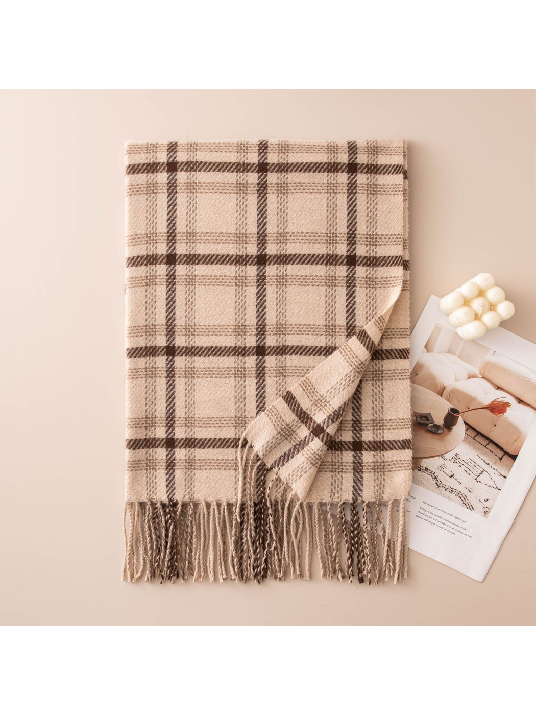 Beige plaid rectangular scarf with fringe