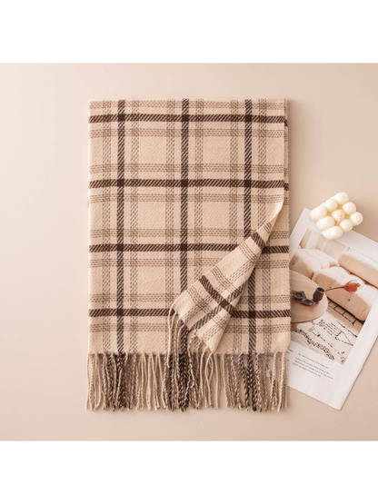 Beige plaid rectangular scarf with fringe