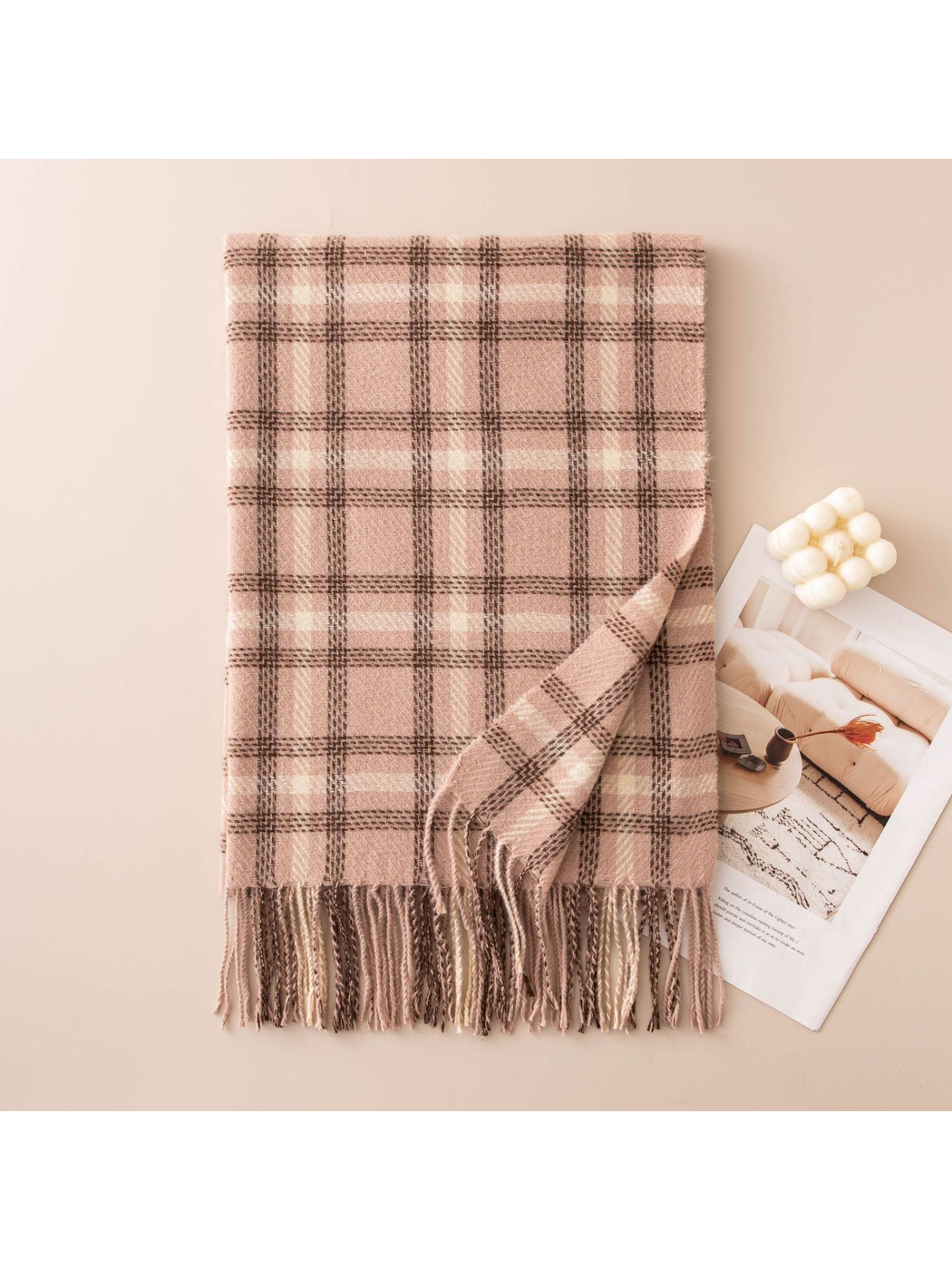 Blush pink plaid rectangular scarf with fringe