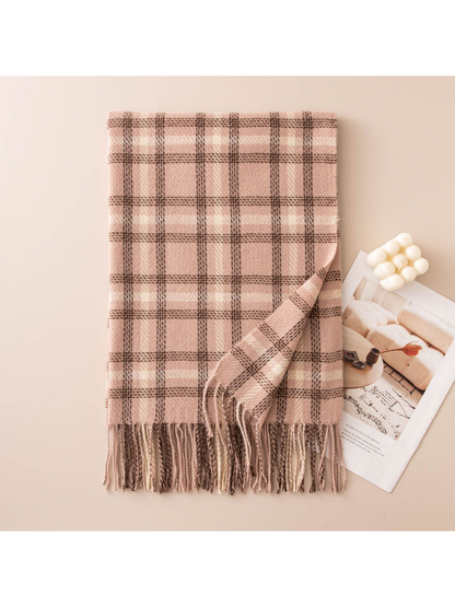 Blush pink plaid rectangular scarf with fringe