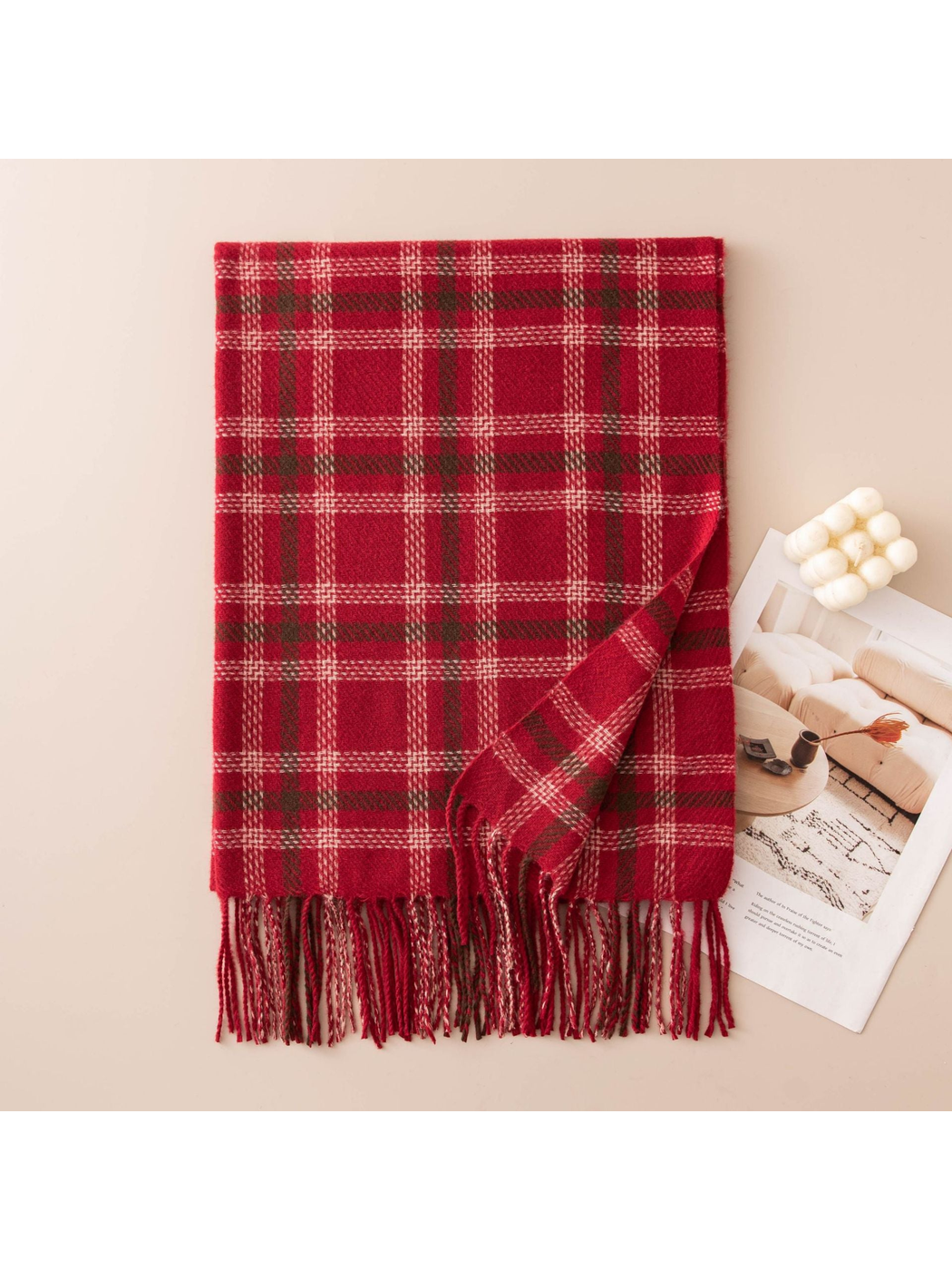 Red plaid rectangular scarf with fringe