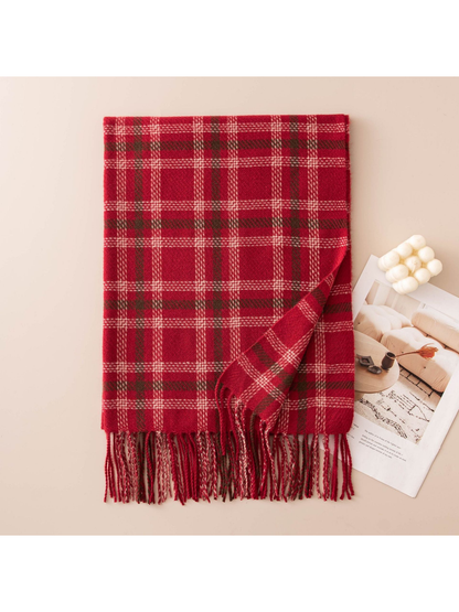 Red plaid rectangular scarf with fringe