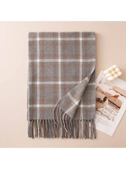 Gray plaid rectangular scarf with fringe