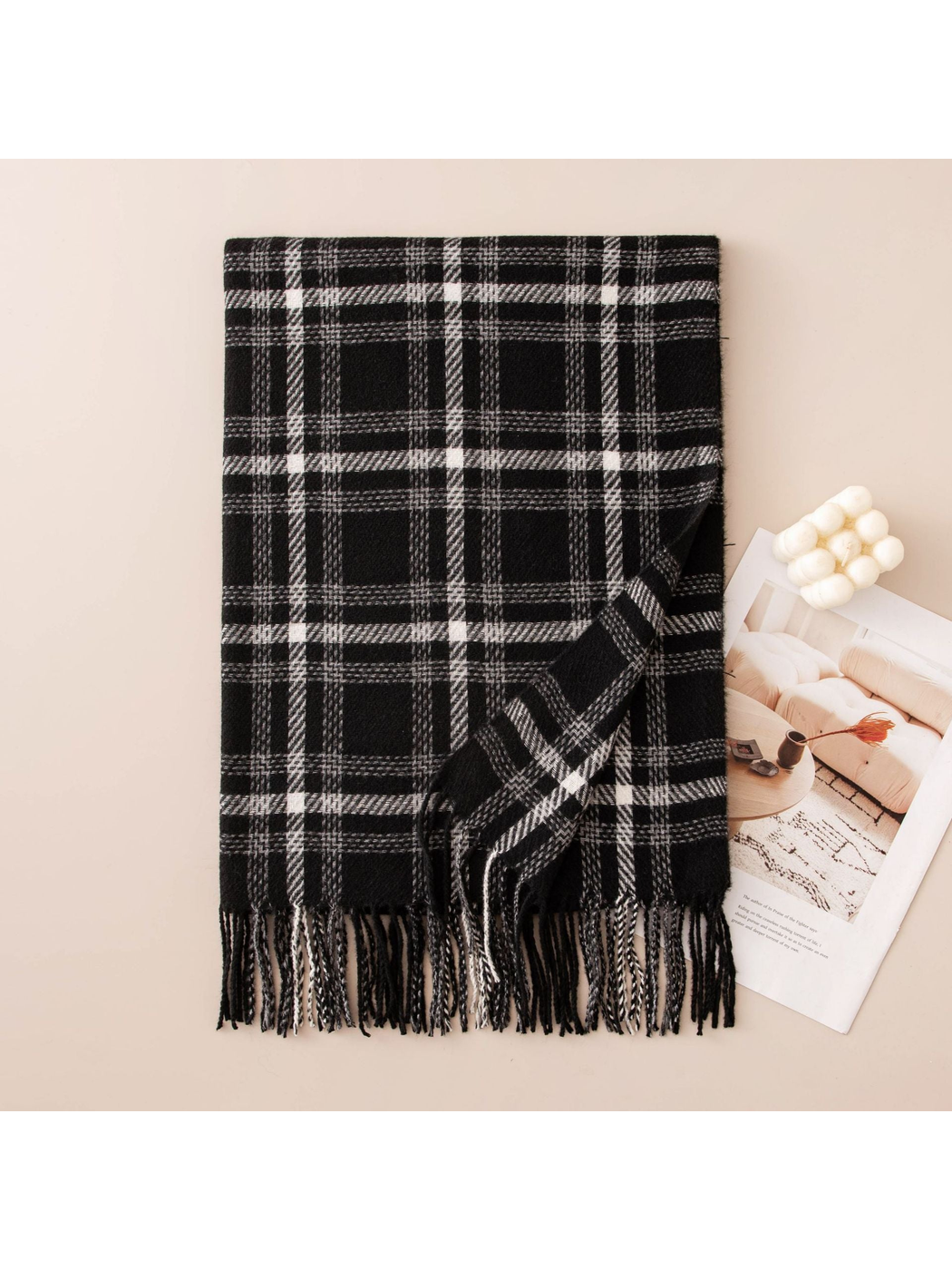 Black plaid rectangular scarf with fringe