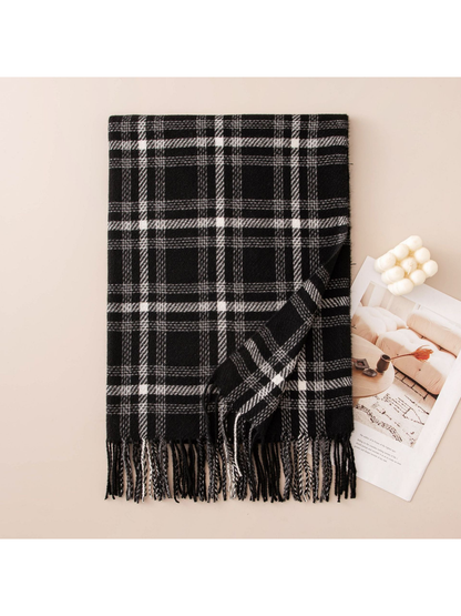 Black plaid rectangular scarf with fringe