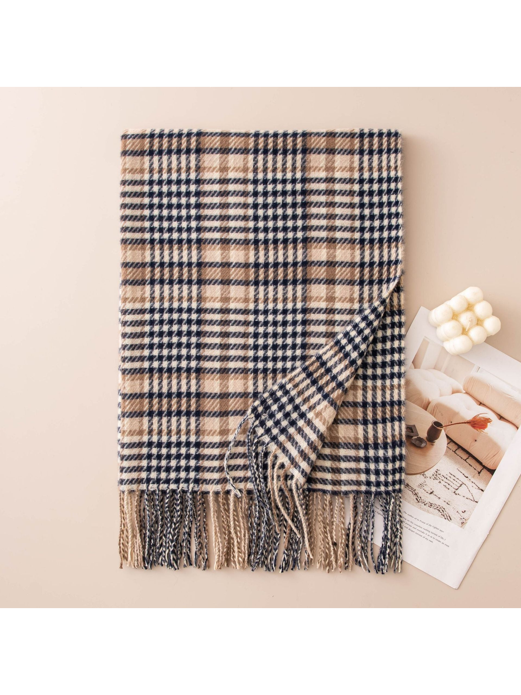 Navy and beige plaid scarf with twisted fringe