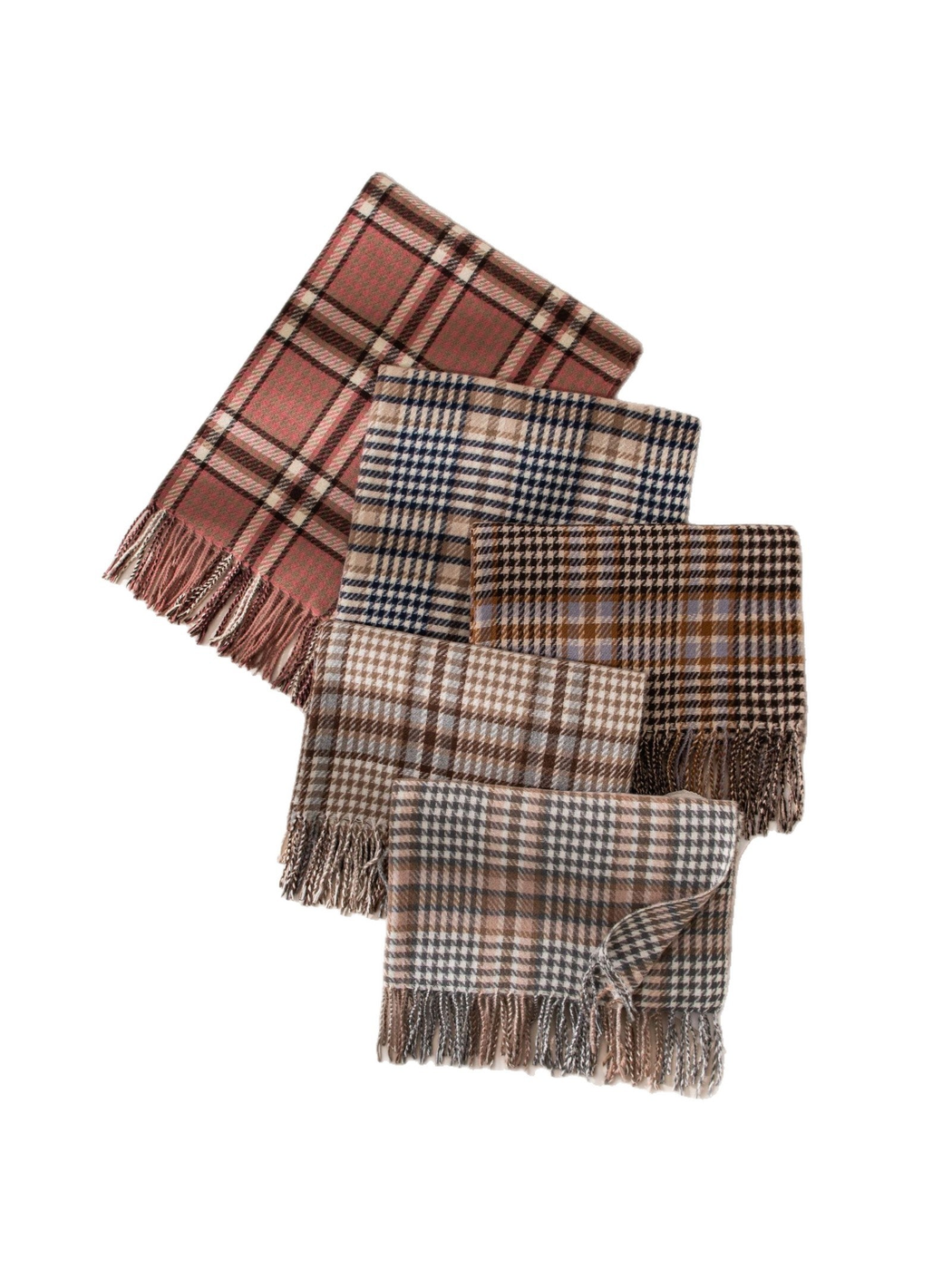 Five plaid fringed scarf color options arranged on white