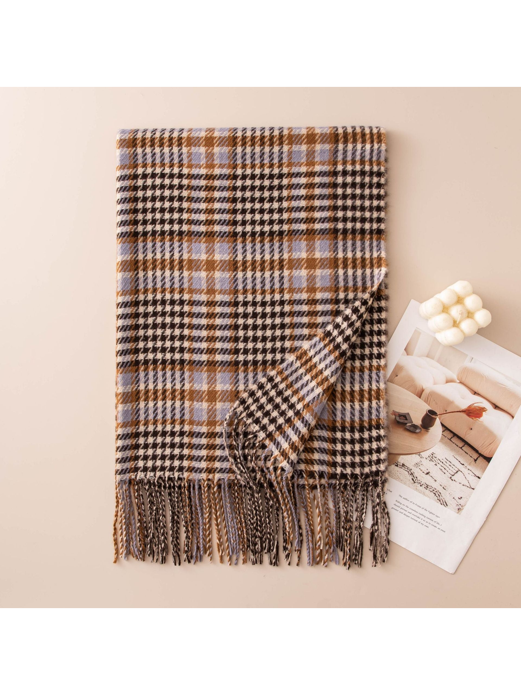 Caramel and lavender plaid scarf with twisted fringe