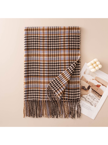 Caramel and lavender plaid scarf with twisted fringe
