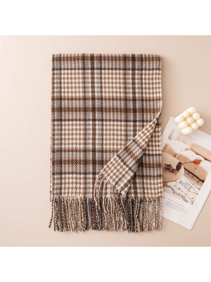 Coffee brown and gray plaid scarf with twisted fringe