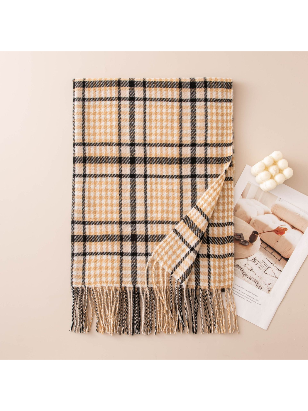Mustard and black plaid scarf with twisted fringe