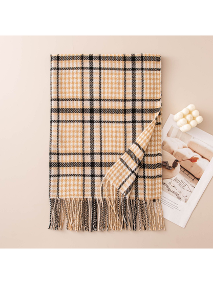 Mustard and black plaid scarf with twisted fringe