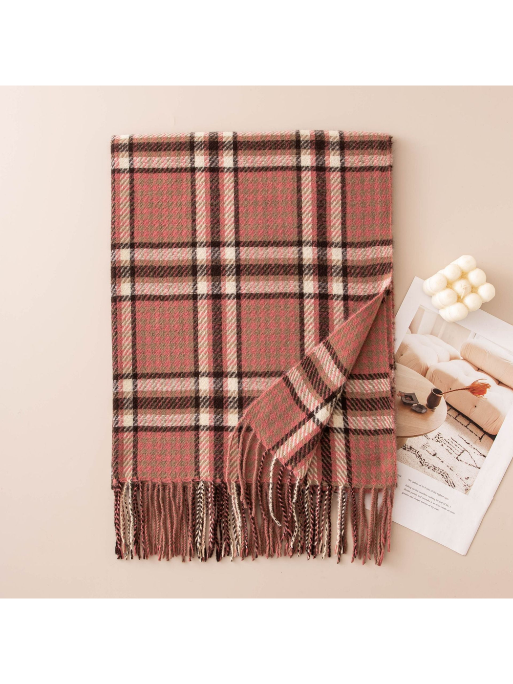Rose pink and brown plaid scarf with twisted fringe