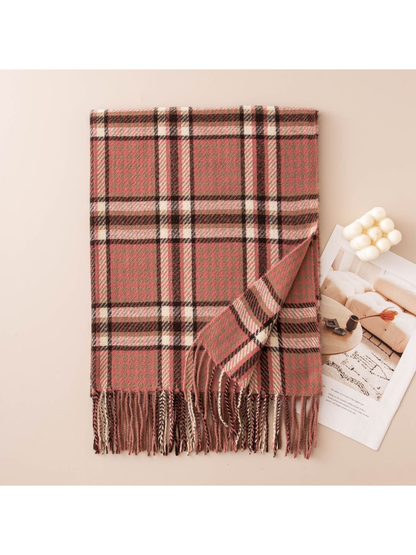 Rose pink and brown plaid scarf with twisted fringe