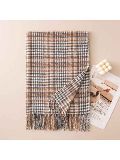 Gray and taupe plaid scarf with twisted fringe