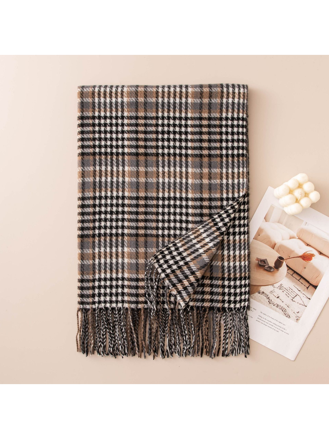 Black, gray and brown plaid scarf with twisted fringe