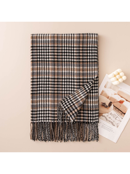 Black, gray and brown plaid scarf with twisted fringe