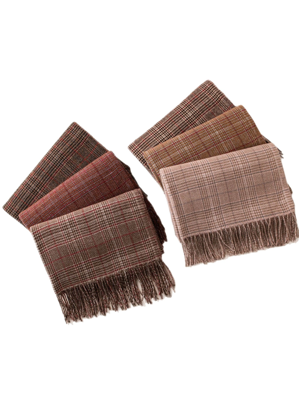 Six plaid fringed scarves arranged together on a white background
