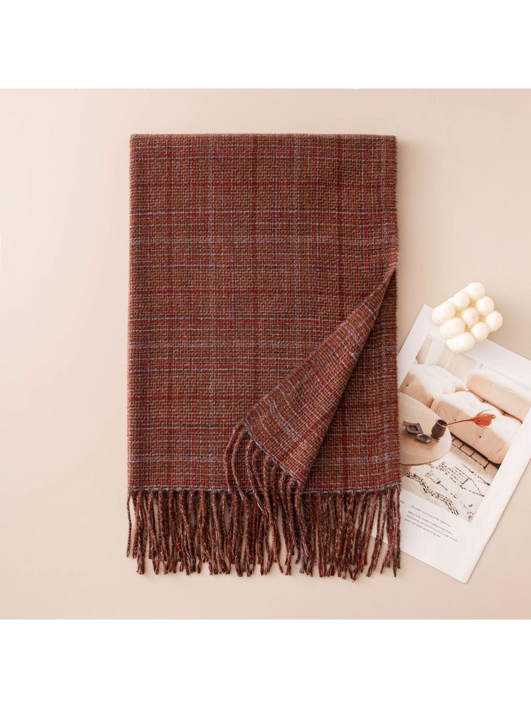 Brick red plaid scarf with twisted fringe