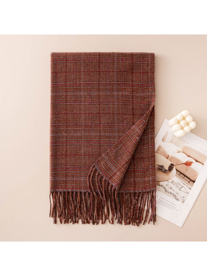 Brick red plaid scarf with twisted fringe