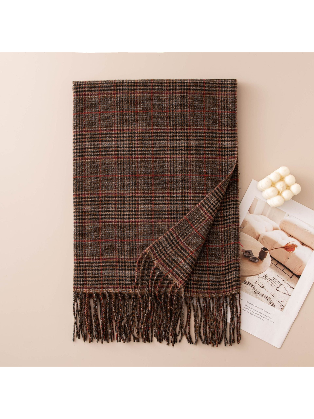 Black and brown plaid scarf with twisted fringe
