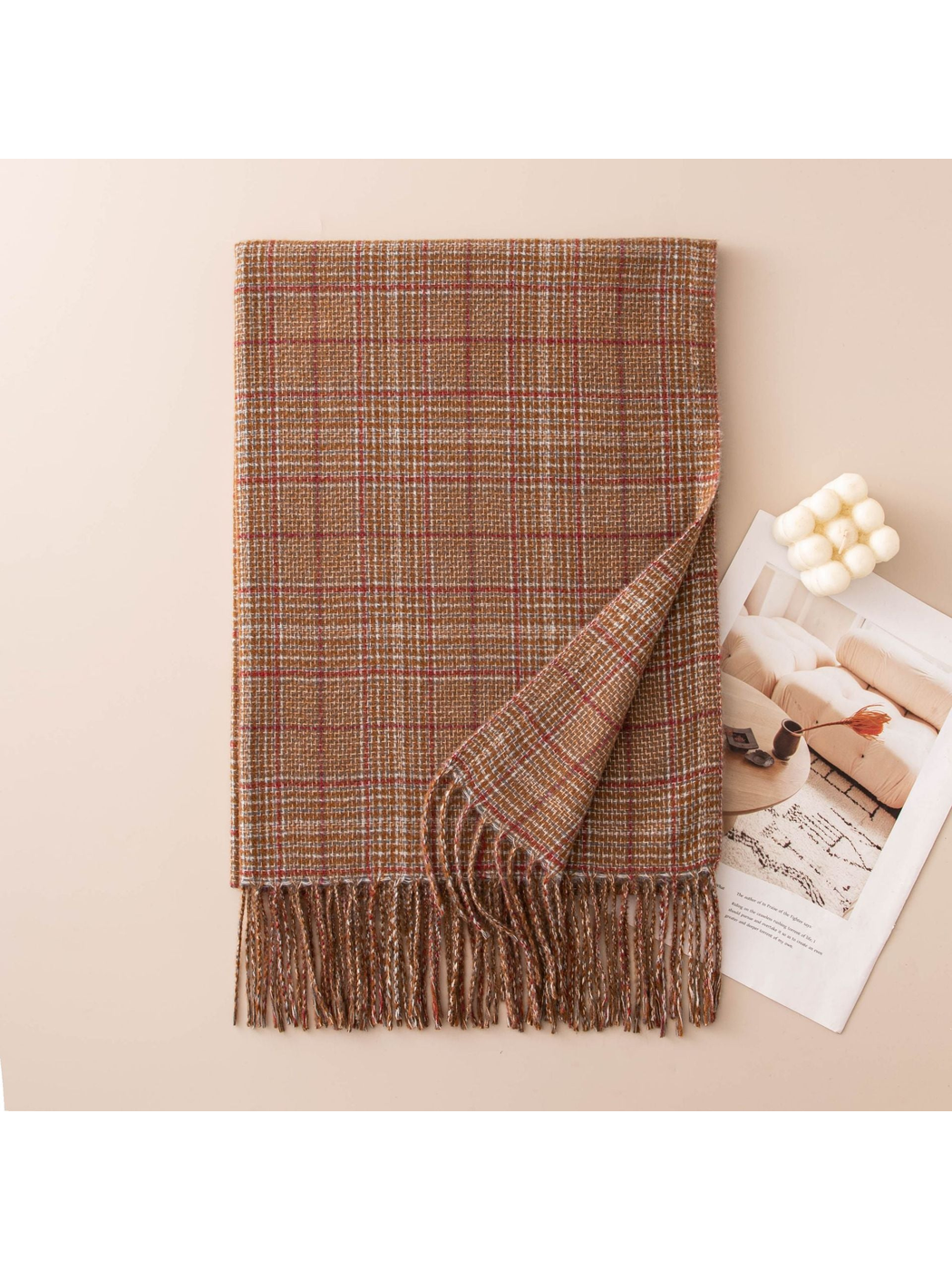 Camel plaid scarf with red accent lines and twisted fringe