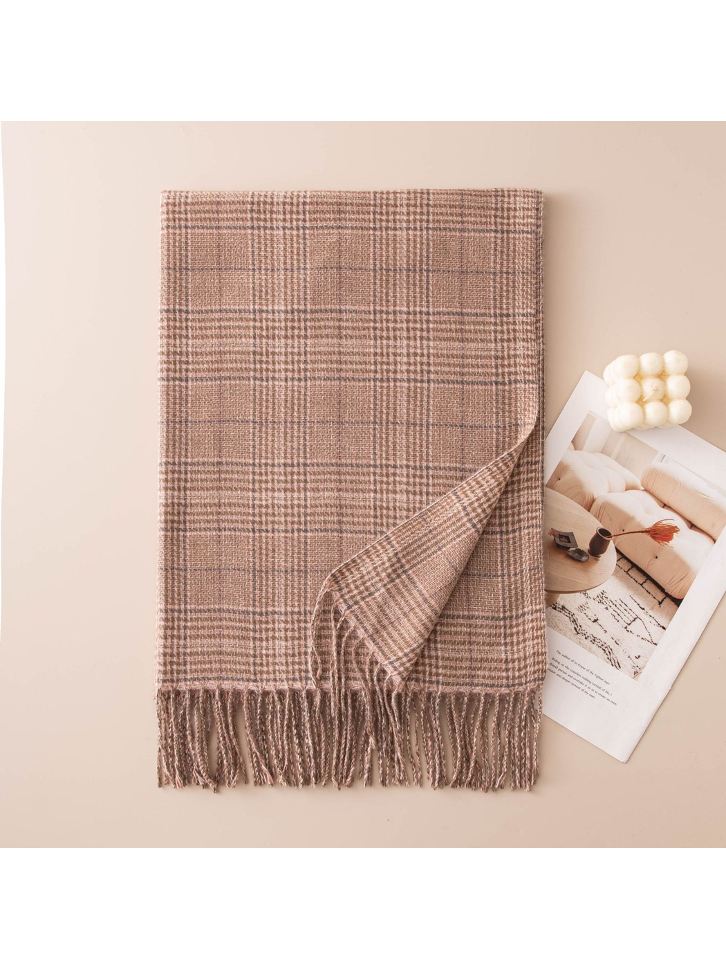 Blush pink plaid scarf with twisted fringe