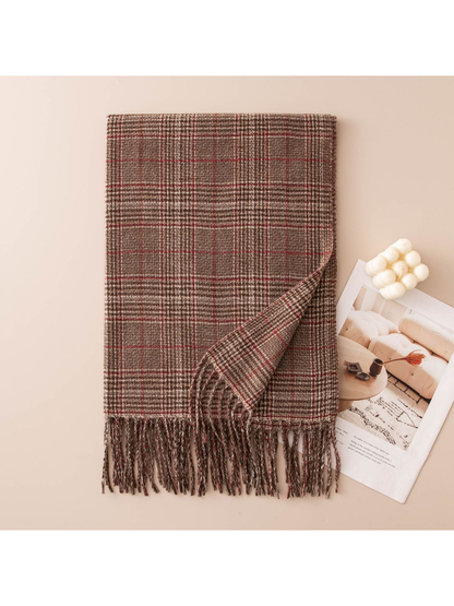 Light brown plaid scarf with red accent lines and twisted fringe