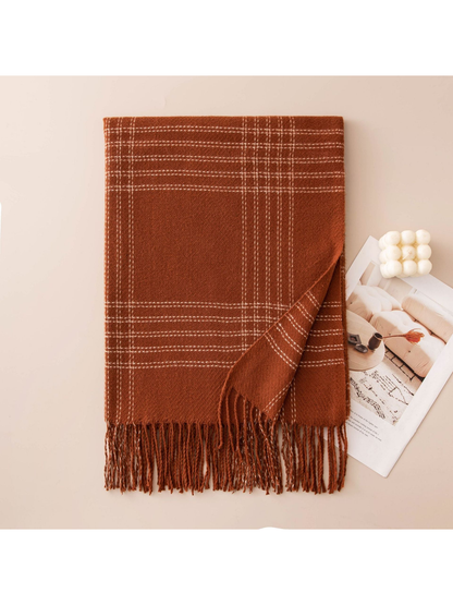 Orange windowpane plaid scarf with fringed ends