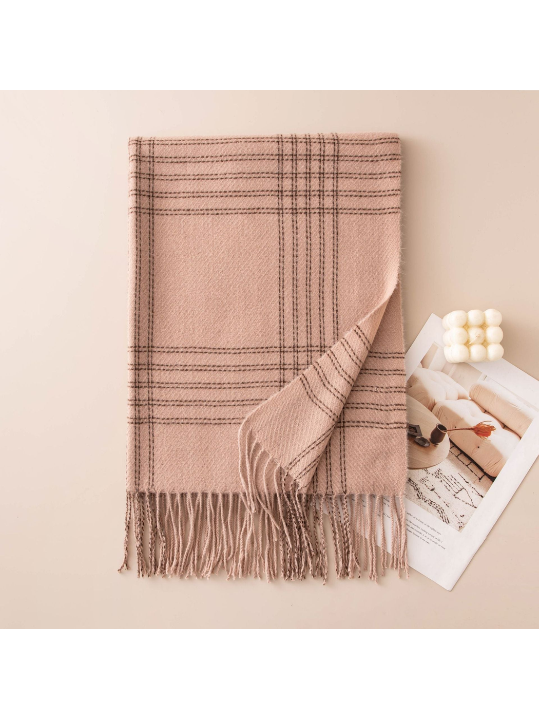Dusty pink windowpane plaid scarf with fringed ends