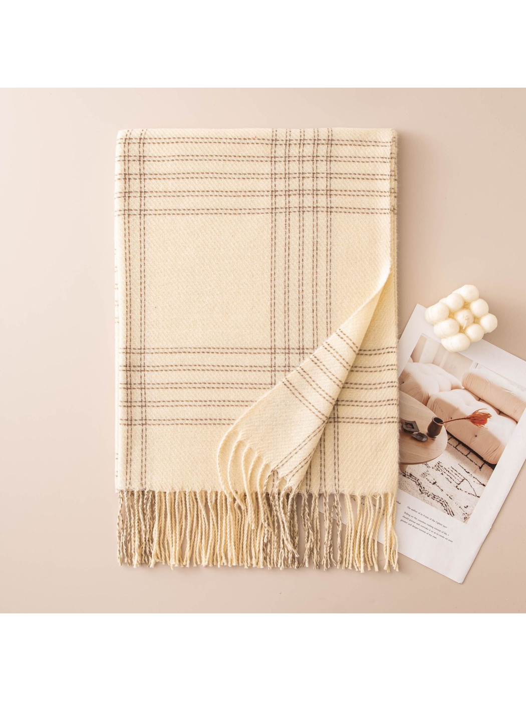 Cream windowpane plaid scarf with fringed ends