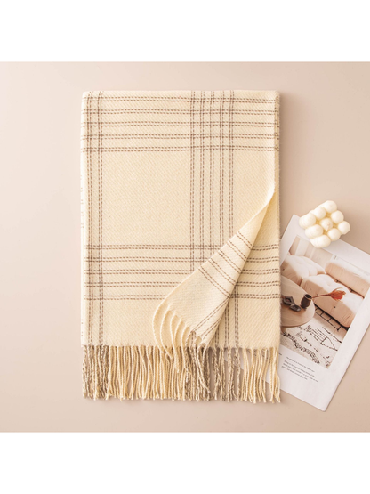 Cream windowpane plaid scarf with fringed ends