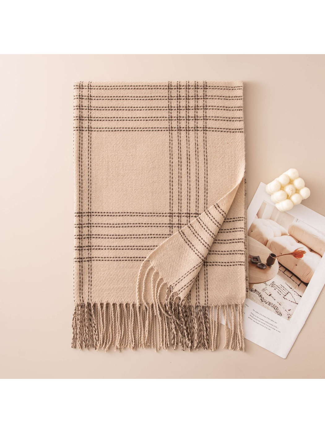 Beige windowpane plaid scarf with fringed ends