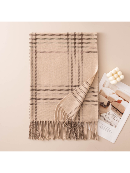 Beige windowpane plaid scarf with fringed ends