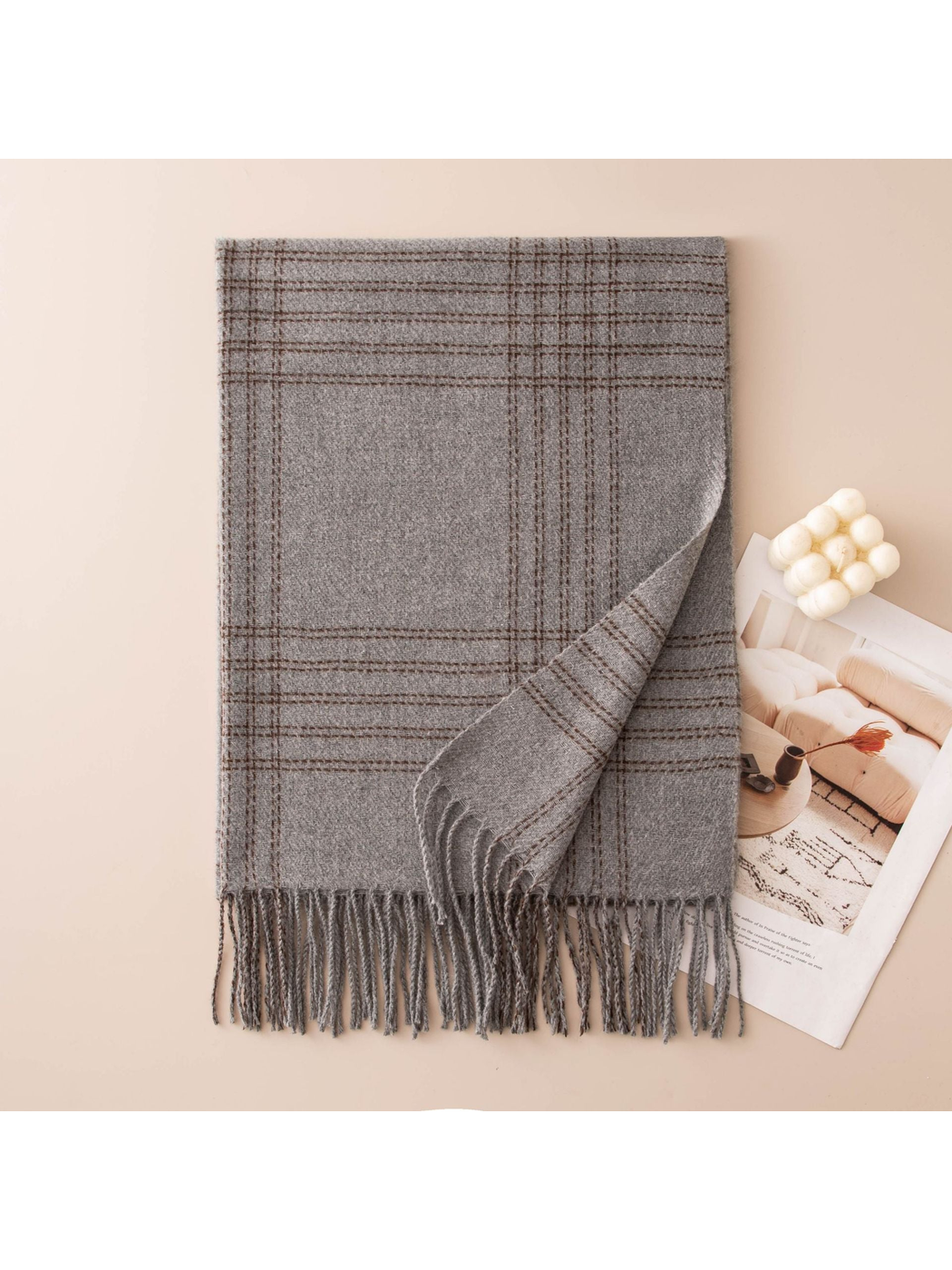 Gray windowpane plaid scarf with fringed ends