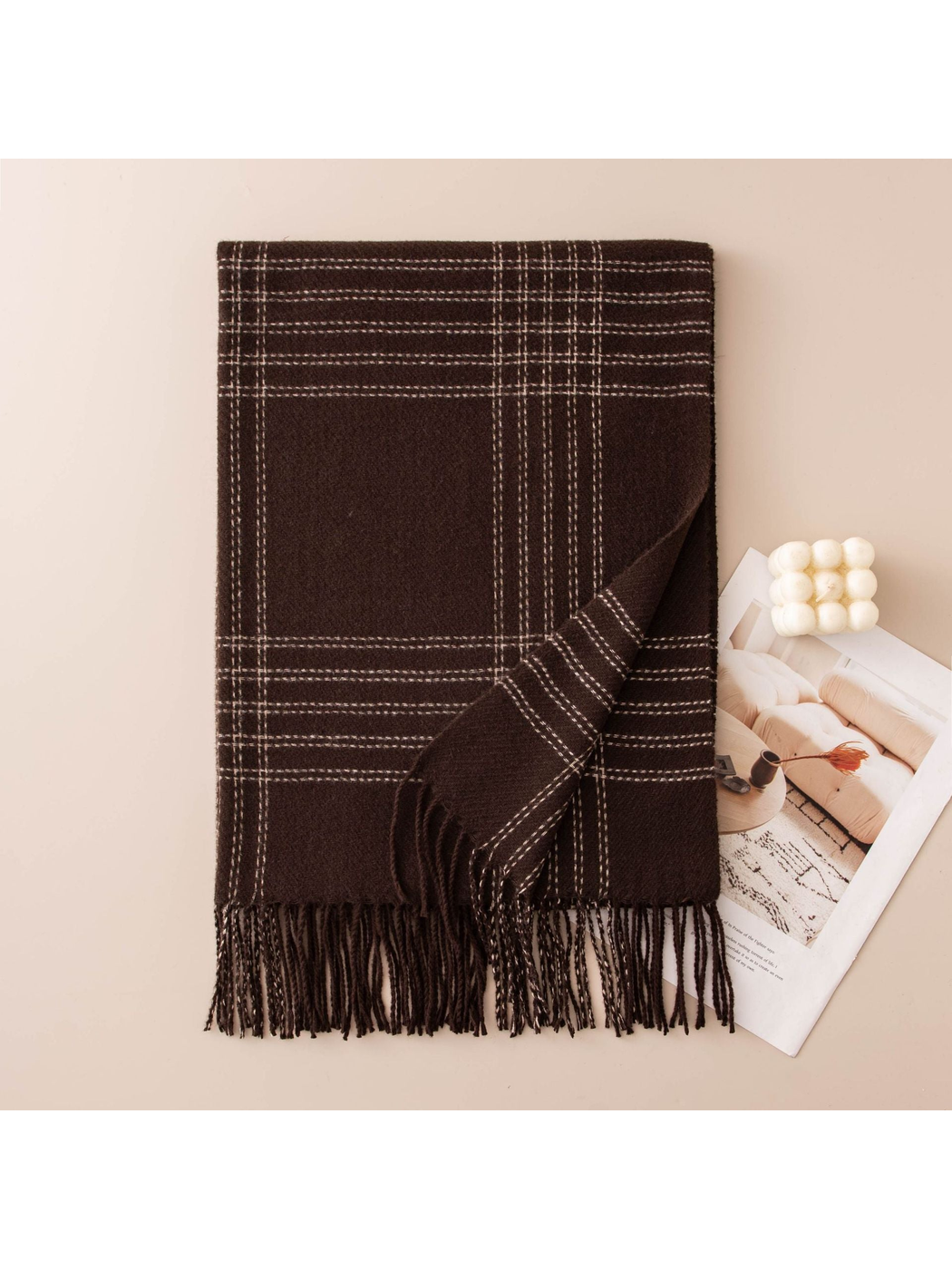 Dark brown windowpane plaid scarf with fringed ends