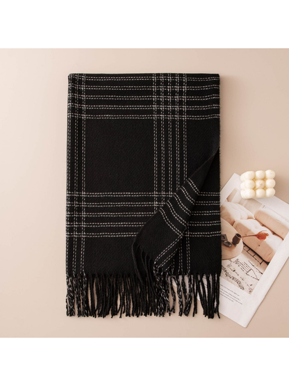 Black windowpane plaid scarf with fringed ends