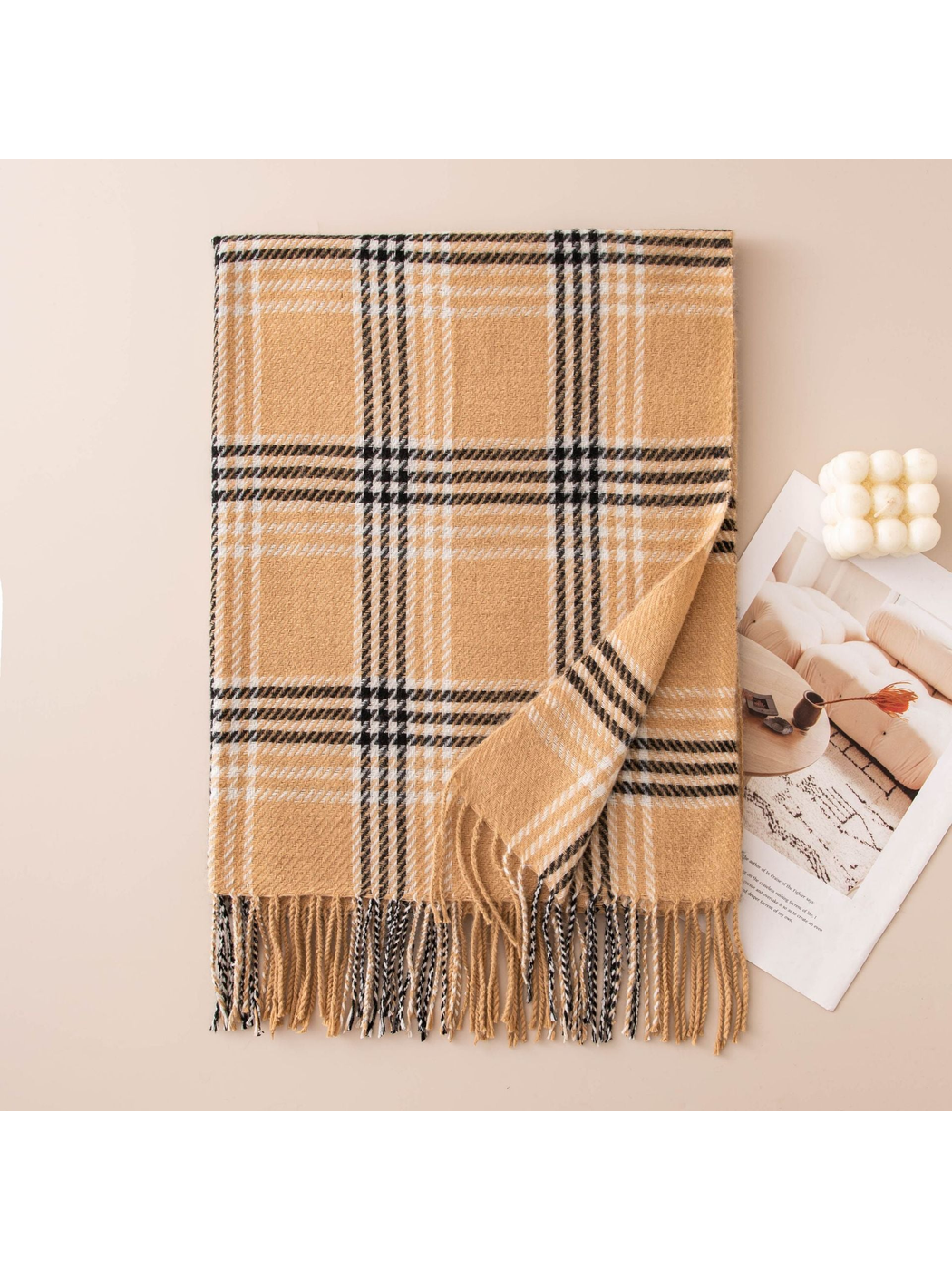 Camel plaid scarf with long fringe, folded front view