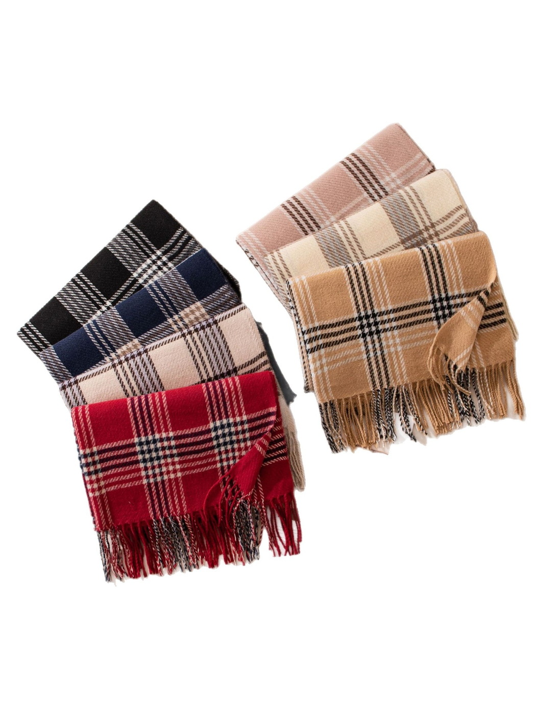 Seven plaid scarf colors displayed on a white background