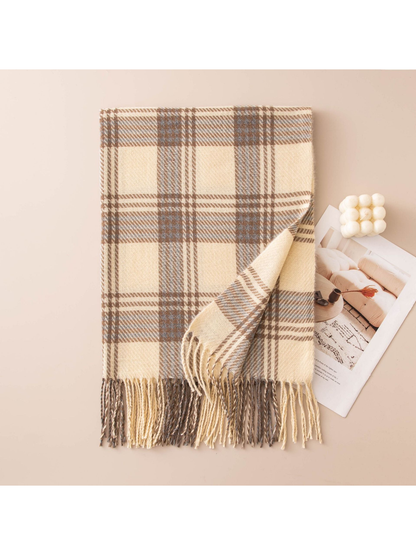 Cream plaid scarf with blue and brown lines and long fringe