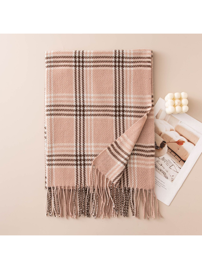 Blush plaid scarf with brown lines and long fringe