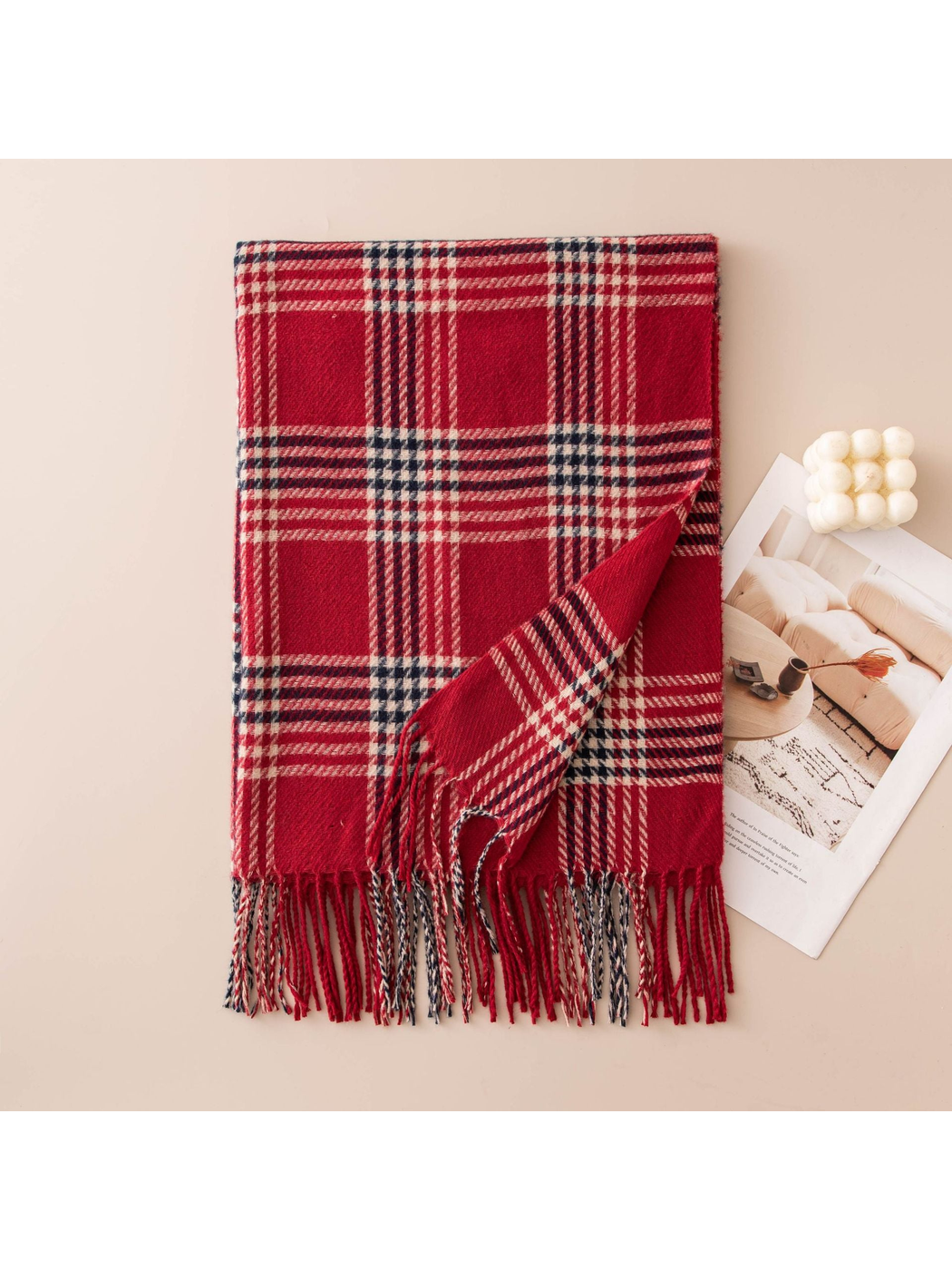 Red plaid scarf with navy and cream lines and long fringe