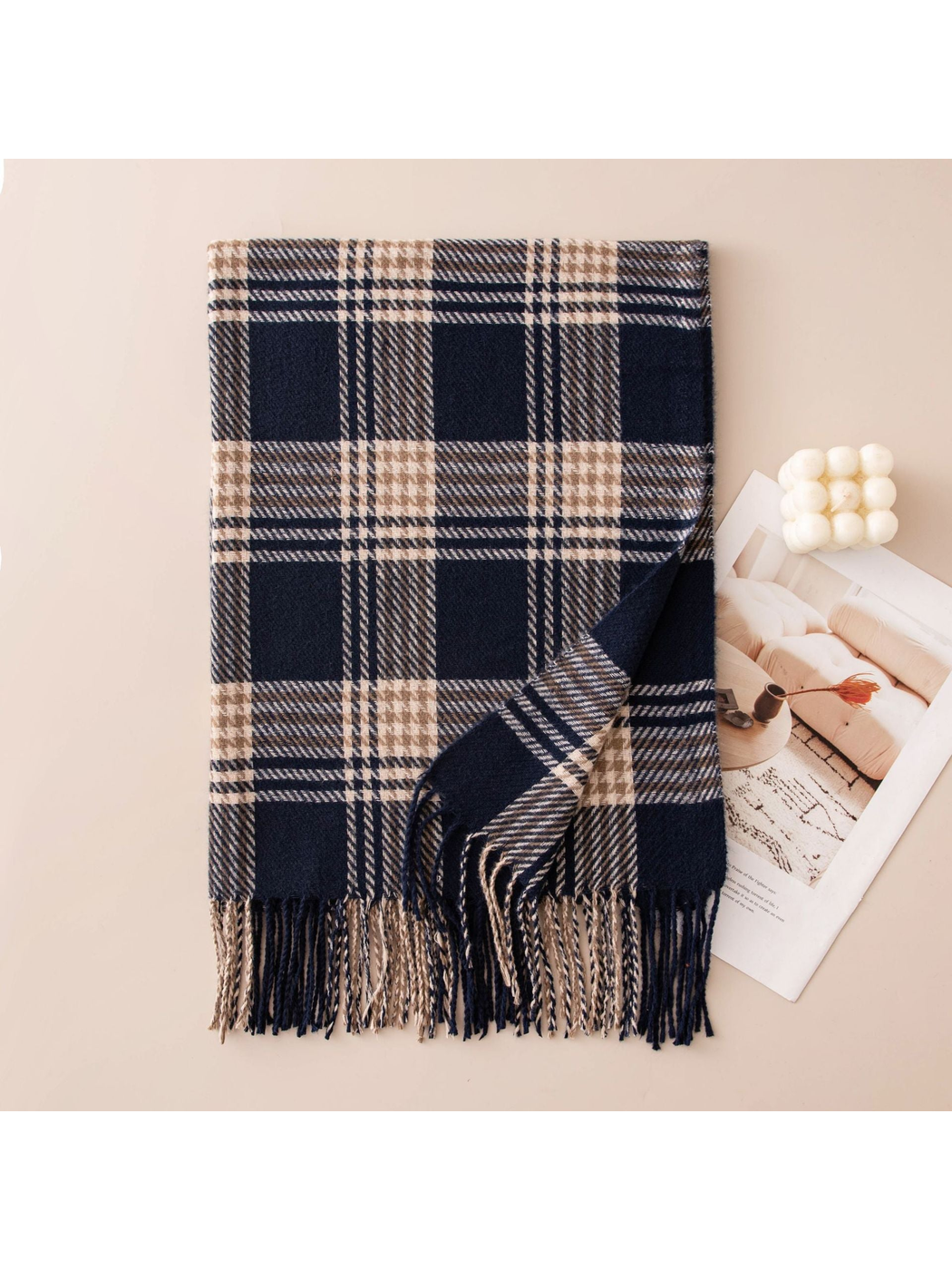 Navy plaid scarf with beige lines and long fringe