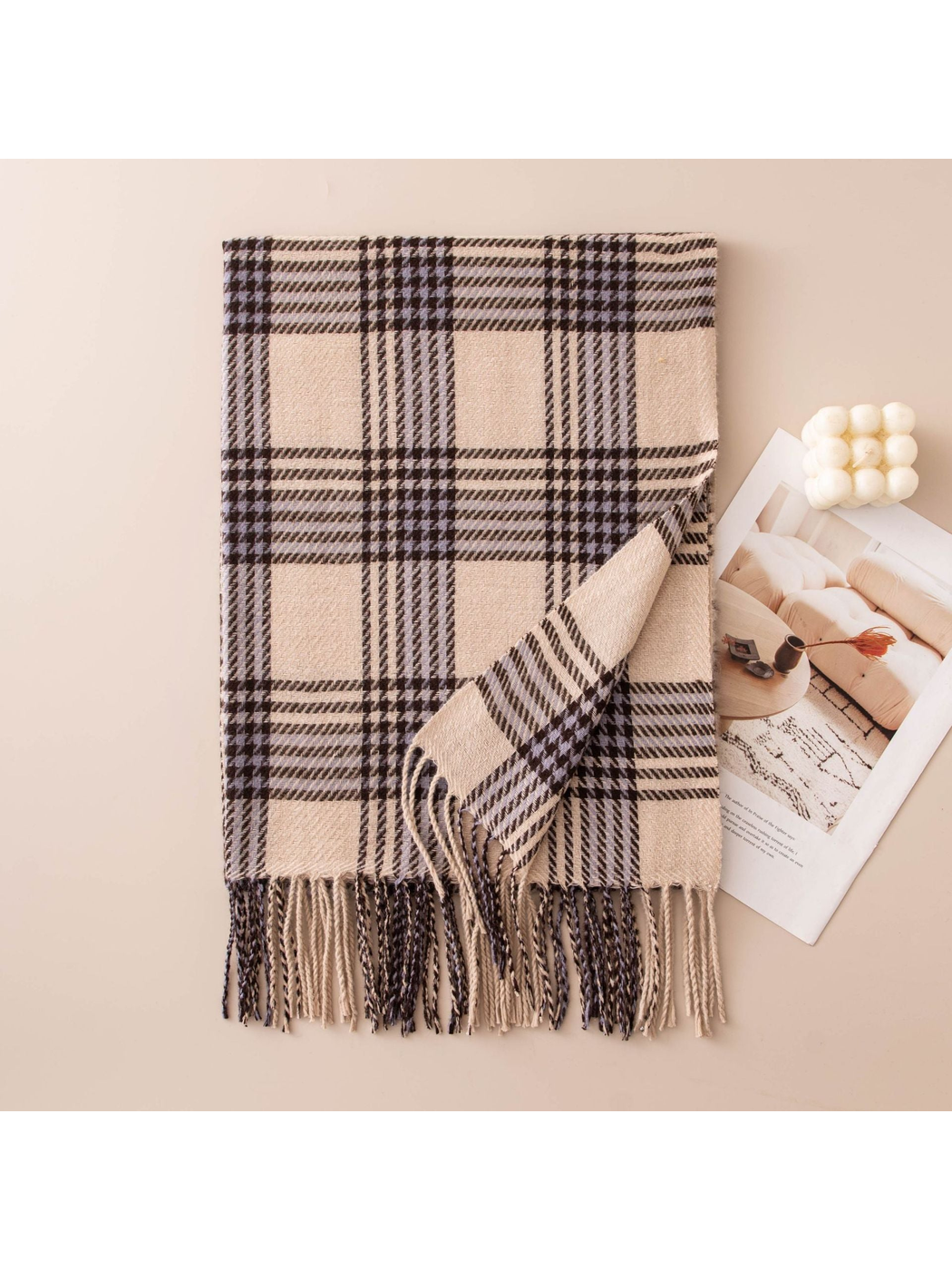 Beige plaid scarf with black and gray lines and long fringe